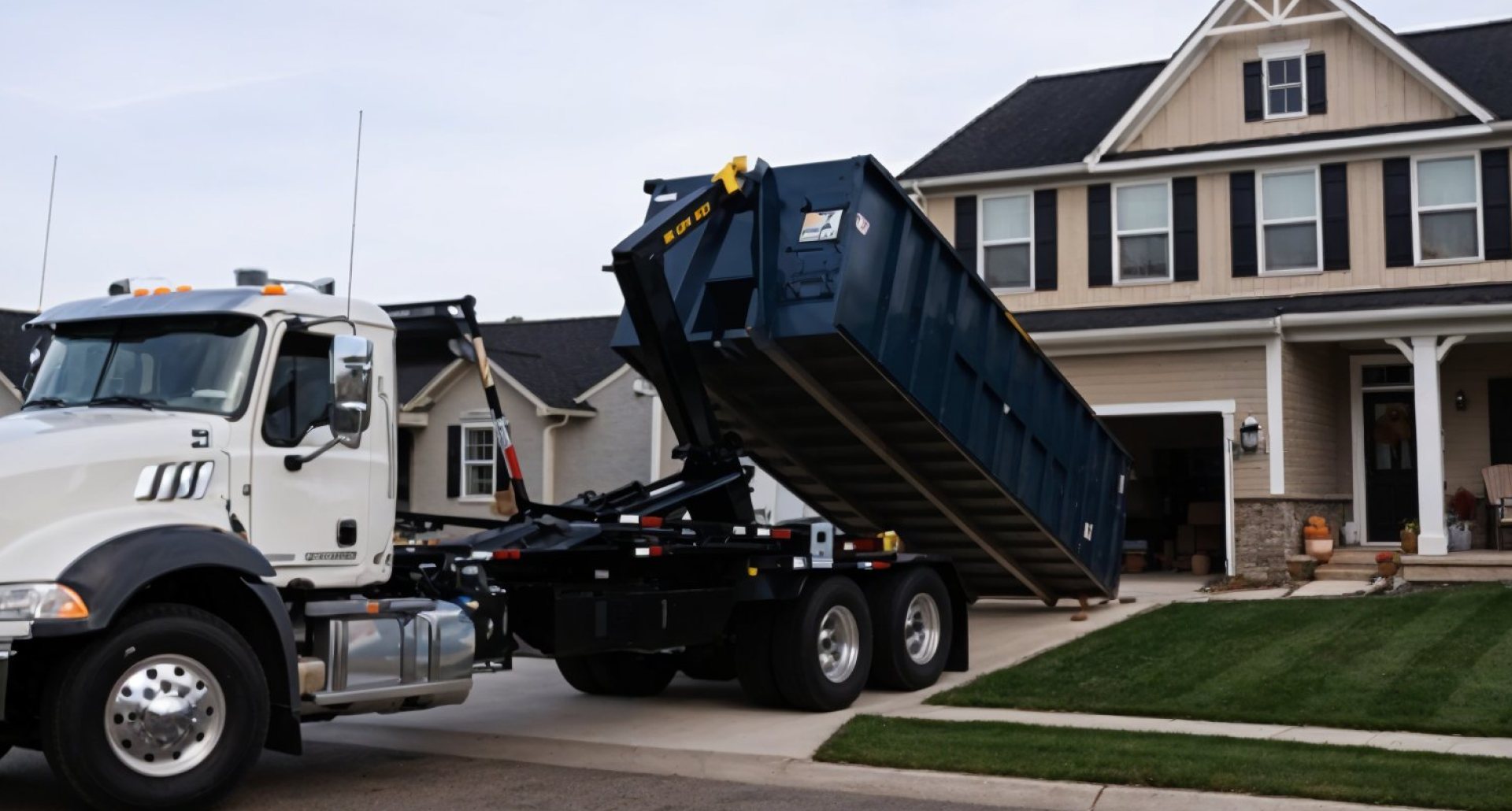 Mammoth hooklift truck delivering a roll off dumpster