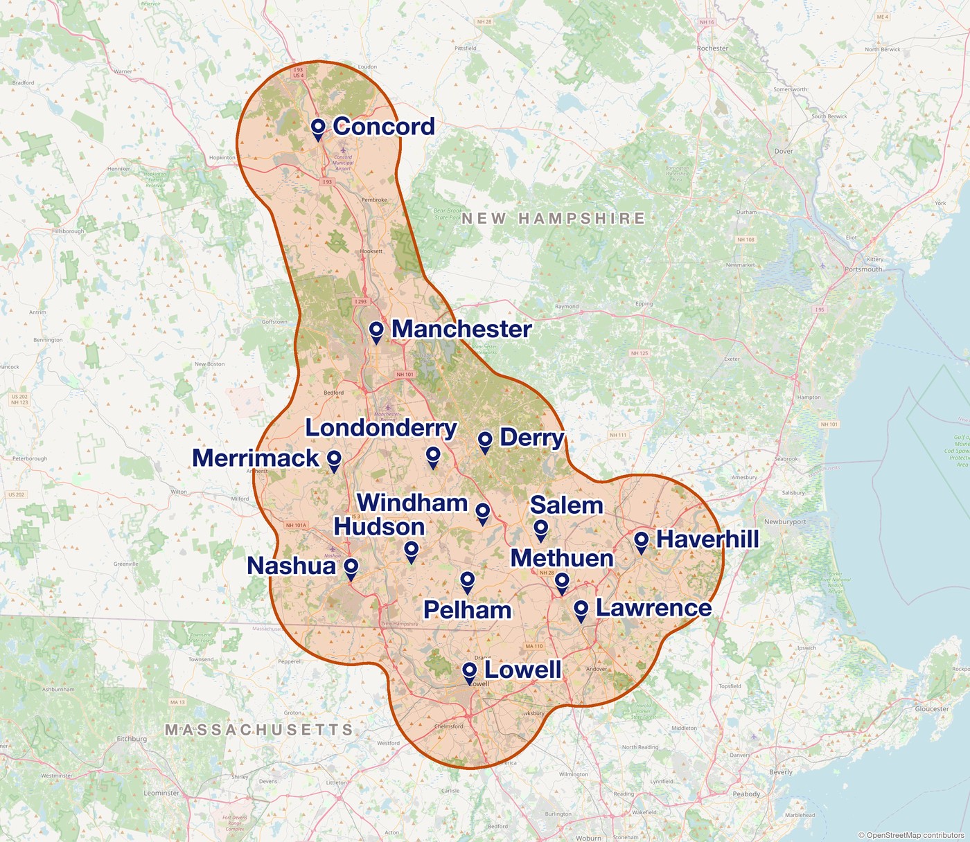Mammoth Dumpster service area map covering Concord, Manchester, Nashua, Derry, Salem, Pelham, Lowell, Lawrence, Methuen and Haverhill